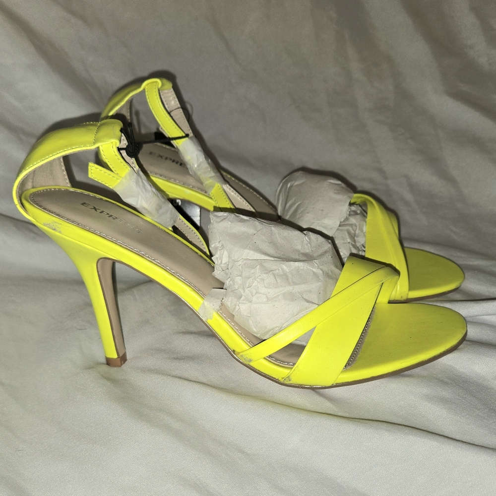 Express Womens Neon Yellow Ankle Strap  Heels Strappy Size 8 3.5" Heels Sandals